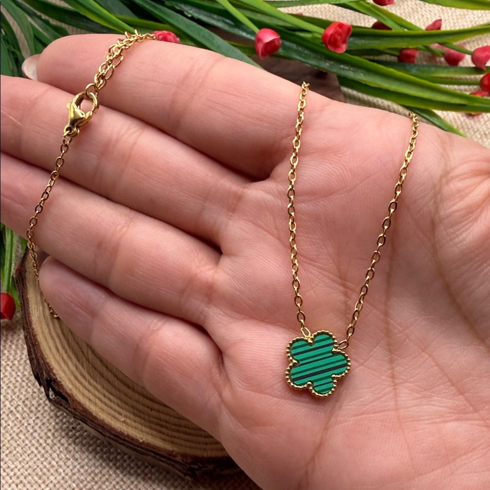 Gold and Green Clover Pendant Necklace Steel